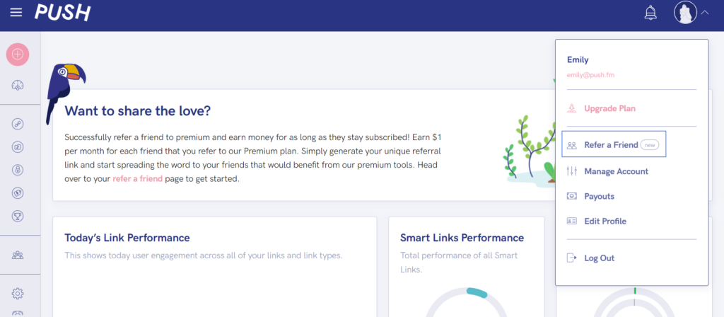 Where will I find my referral link? Screenshot of a PUSH account dashboard.